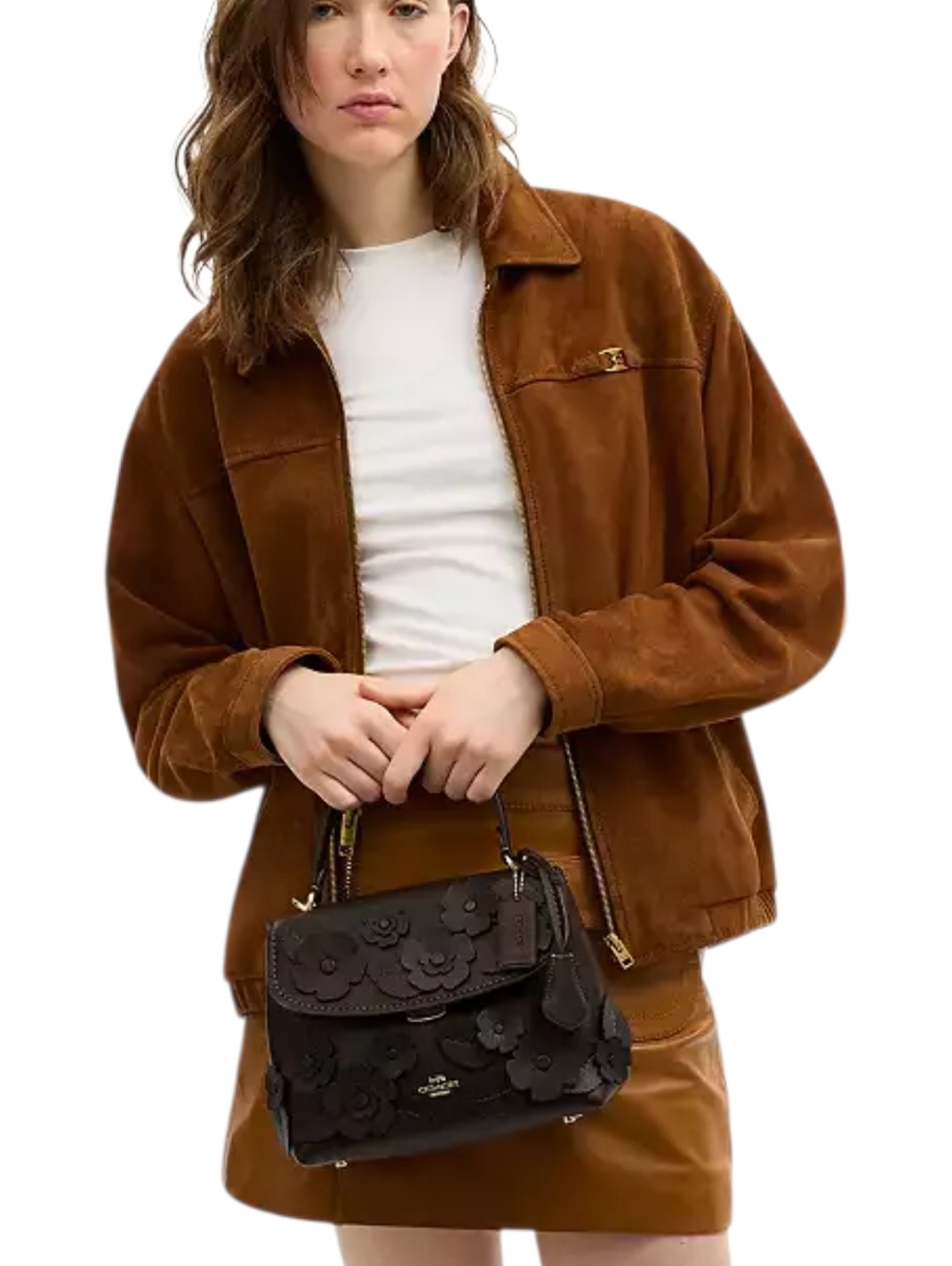 COACH Floral Appliqué Leather Top-Handle Emory Bag - Maple - Dark Brown - New - Picture 2 of 14